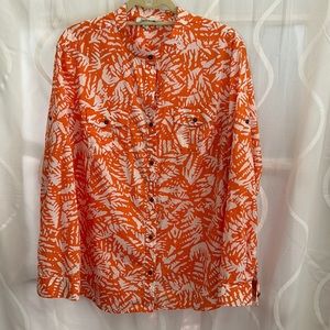 Jones New York Sport, Orange & White Print, Button Down, Long SleeveTop, Size XL